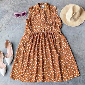 Bird Brooklyn Brown White Heart Pattern Sleeveless Tie Waist Dress medium